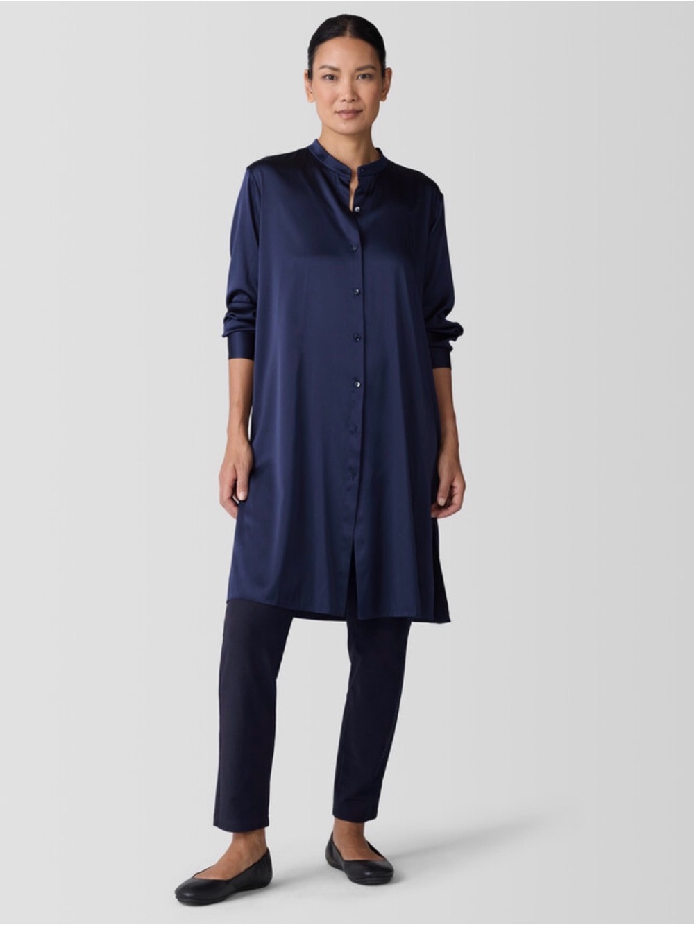 Eileen Fisher Stretch Silk Charmeuse Band Collar Long Shirt SMALL NEW NWT